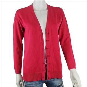 Talbots Cotton Rayon Knit Raspberry Pink Button Down V Neck Cardigan Sweater
